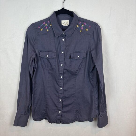 Levis Women's Pearl Snap Embroidered Blue Southwestern Blouse SZ Medium‎ Cowgirl - Picture 1 of 14